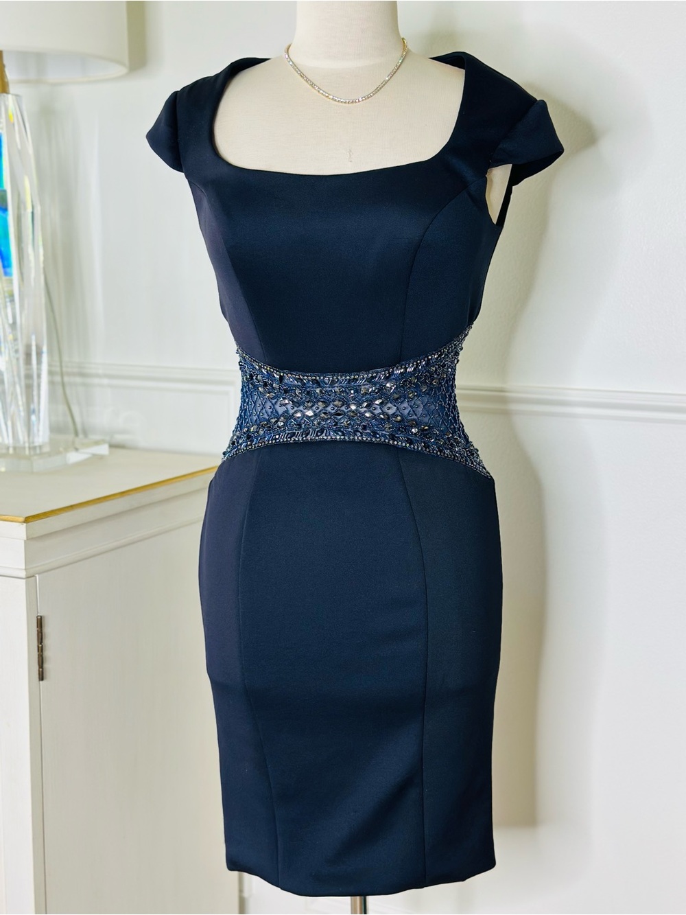 Terani Couture Navy Midi Sheath with Beaded Waist